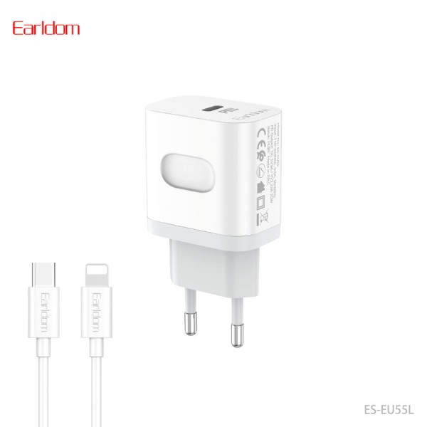 Купить Блок питание USB Type C (сеть) Earldom ES-EU55 C-L с кабелем для Type C- Lightning, 20W, белый - 00-00060626 оптом