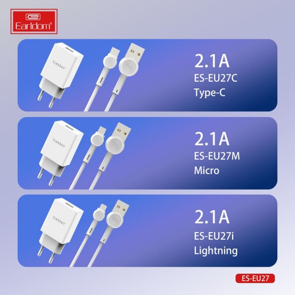 Купить Блок питание USB (сеть) Earldom ES-EU27 2100mAh, белый - 00-00047940 оптом