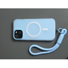 Накладка силиконовая матовая Magsafe с бархатом внутри + шнурок для iPhone 16, голубой