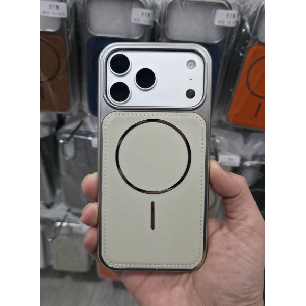 Купить Накладка Magsafe для iPhone 15 Pro Max экокожа, силиконовые края, металлик, слоновая кость - 00-00061081 оптом