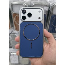 Накладка Magsafe для iPhone 15 Pro Max экокожа, силиконовые края, металлик, темно-синий