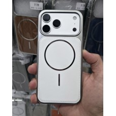 Накладка Magsafe для iPhone 15 экокожа, силиконовые края, металлик, белый Накладка Magsafe для iPhone 15 экокожа, силиконовые края, металлик, белый