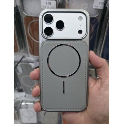 Накладка Magsafe для iPhone 15 Pro экокожа, силиконовые края, металлик, серый