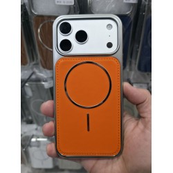 Накладка Magsafe для iPhone 15 Pro экокожа, силиконовые края, металлик, оранжевый