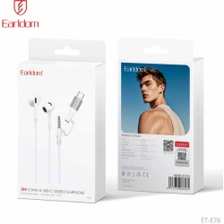 Наушники Earldom ET-E76 с микрофоном, внутриканальные, разъемом 2 в 1 —Type C и 3.5 мм jack, цвет:белый