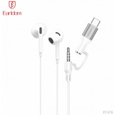 Наушники Earldom ET-E76 с микрофоном, внутриканальные, разъемом 2 в 1 —Type C и 3.5 мм jack, цвет:белый