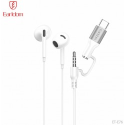 Наушники Earldom ET-E76 с микрофоном, внутриканальные, разъемом 2 в 1 —Type C и 3.5 мм jack, цвет:белый