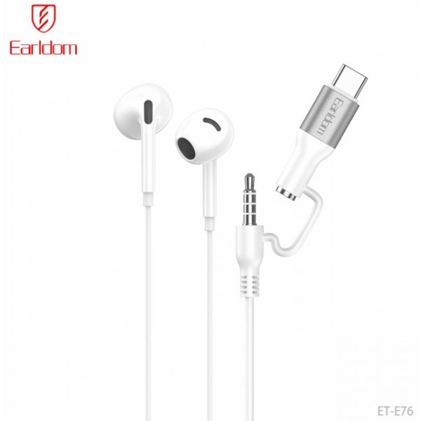 Купить Наушники Earldom ET-E76 с микрофоном, внутриканальные, разъемом 2 в 1 —Type C и 3.5 мм jack, цвет:белый - 00-00060384 оптом