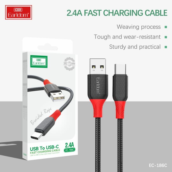 Купить USB кабель Earldom EC-186L для Lighting, 2.4A,нейлон, черный - 00-00054575 оптом
