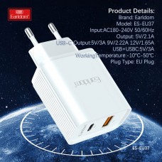 Блок питание USB (сеть) Earldom ES-EU37, 3A, USB выход/Type C выход, белый