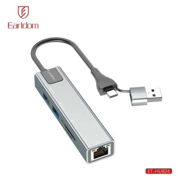 Купить HUB 2в1 на USB+Type-C Earldom ET-HUB24, (2USB+карт SD+ TF карта+ разъем RJ45) , серебро - 00-00058996 оптом