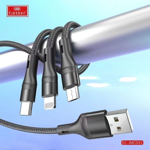 Купить USB кабель Earldom EC-IMC031 3 в 1 для micro/iphone/Type C, (1,2м), черный - 00-00056197 оптом