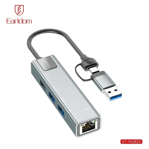 Купить HUB 2в1 на USB+Type-C Earldom ET-HUB23, (3USB+разъем RJ45) , серебро - 00-00058995 оптом