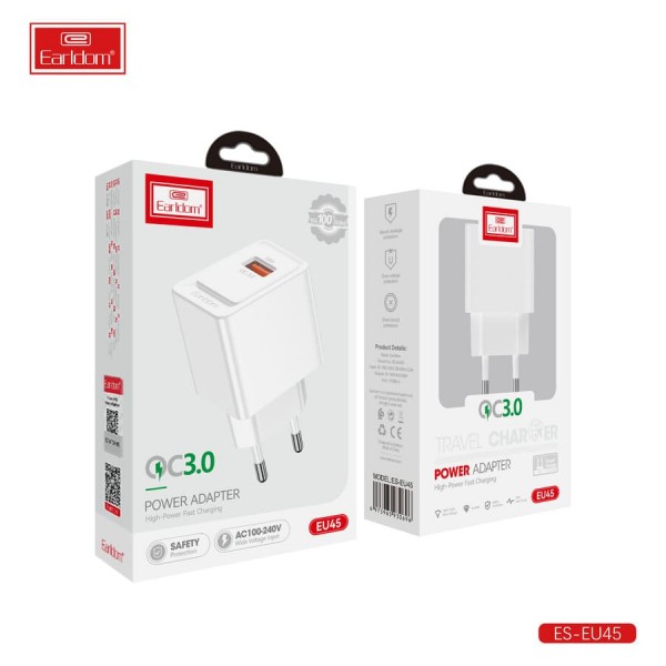 Купить Блок питание USB (сеть) Earldom ES-EU45C 3A(18W), с кабелем для Type C, белый - 00-00056203 оптом