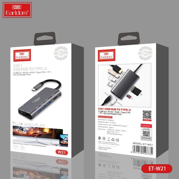 Купить HDMI устройство Earldom ET-W21 (3USB + выход Type C PD+ чтения карт SD + TF карта), серебро - 00-00051244 оптом