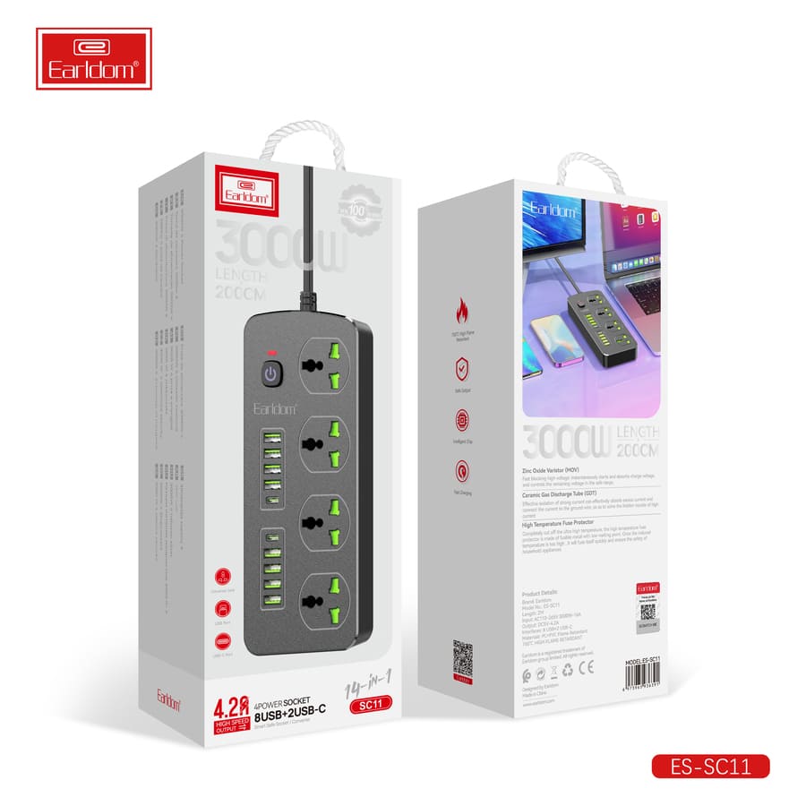 Удлинитель Earldom ES-SC11 EU, 4 розетки+8USB+2Type C PD,4.2A (3000W),2метра