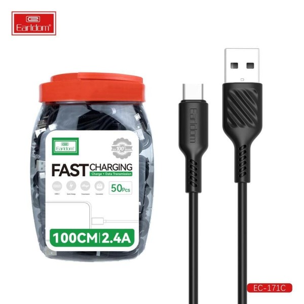 Купить USB кабель Earldom EC-171C BOX (50ШТ В КОРОБКЕ) для Type C,быстрая зарядка, черный - 00-00052213 оптом