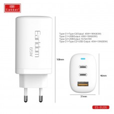 Блок питание USB (сеть) Earldom ES-EU26 65W , 1USB выход/ 2 Type C выхода, белый