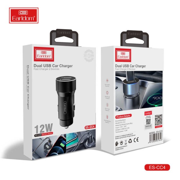 Блок питание USB (авто) Earldom ES-CC4I (12W) для iphone, 2USB выхода, черный