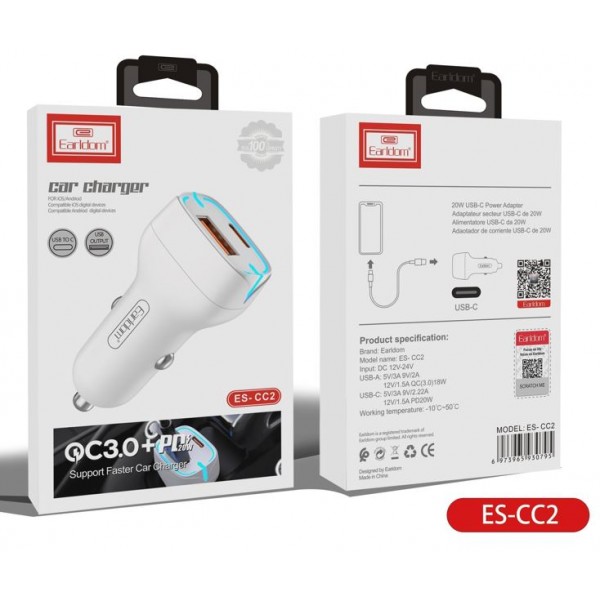 Блок питание USB (авто) Earldom ES-CC2 (20W) , (USB выход + USB- C)  черный