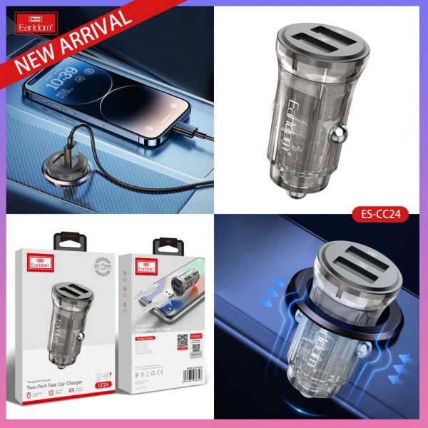 Купить Блок питание USB (авто) Earldom ES-CC24C 3.4A с кабелем для Type C, 2USB выхода, прозрачный корпус - 00-00053833 оптом