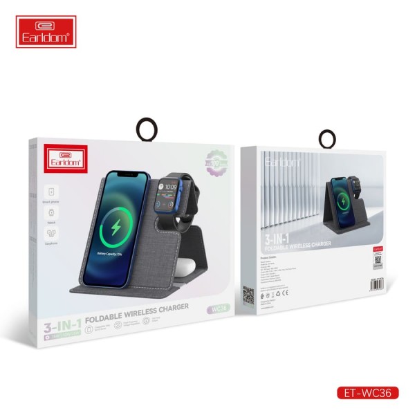 Купить Беспроводное зарядное устройство 3в1 Earldom ET-WC36 для смартфонов/Apple Watch/Airpods, черный - 00-00053877 оптом