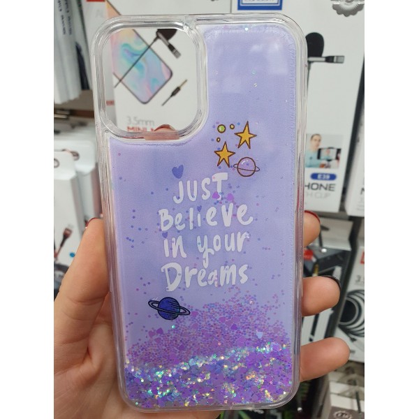 Накладка силиконовая переливашка для iPhone 12 mini (5.4) с надписью "Just believe in your dreams", светло-фиолетовый