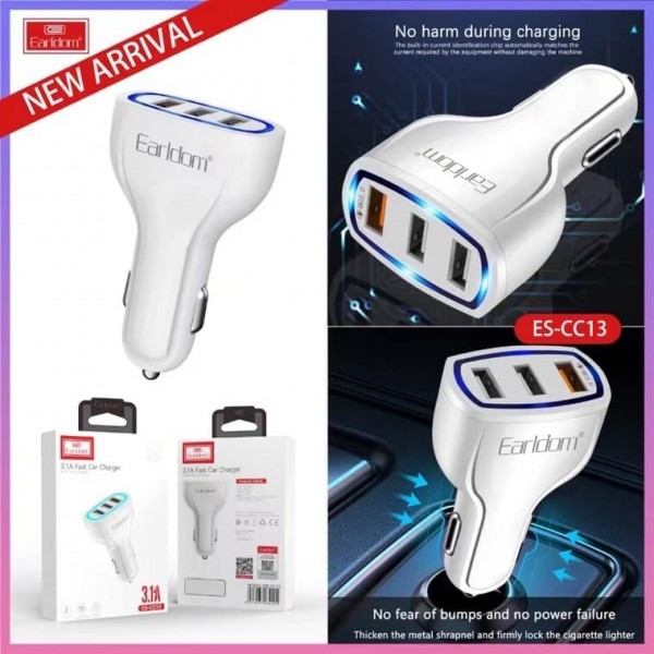 Купить Блок питание USB (авто) Earldom ES-CC13I 3100mAh с кабелем для iPhone, 3USB выхода, белый - 00-00047557 оптом