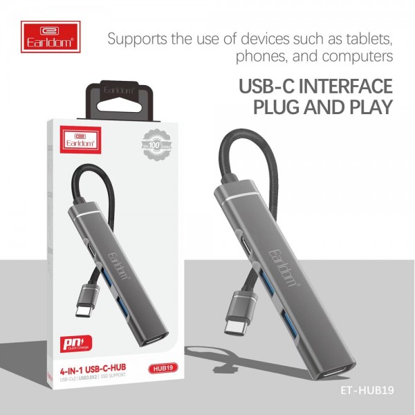 Купить USB HUB-Type C Earldom ET-HUB19, 3USB+выход Type C PD, серебро - 00-00054436 оптом