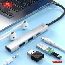USB HUB-Type C Earldom ET-HUB20, 2USB+выход Type C PD+разьем jack 3.5, серебро