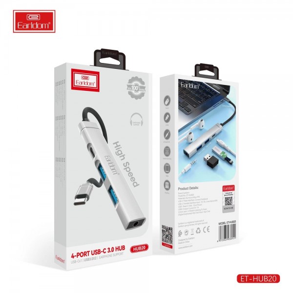 Купить USB HUB-Type C Earldom ET-HUB20, 2USB+выход Type C PD+разьем jack 3.5, серебро - 00-00054437 оптом