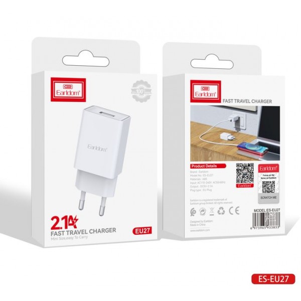 Купить Блок питание USB (сеть) Earldom ES-EU27 2100mAh с кабелем для micro, белый - 00-00047941 оптом