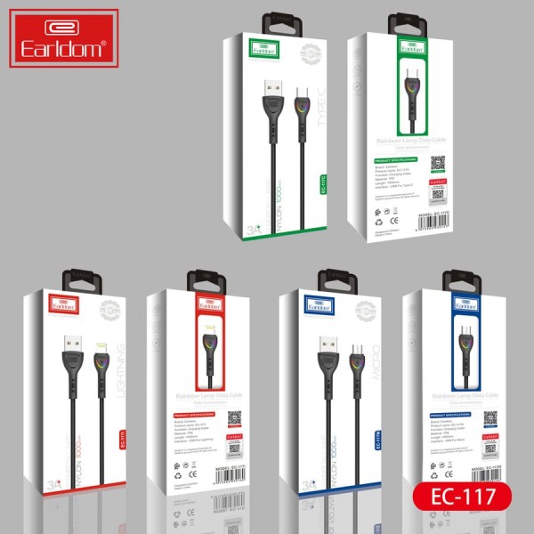 Купить USB кабель Earldom EC-117M для micro, светящийся, 3A, черный - 00-00046773 оптом