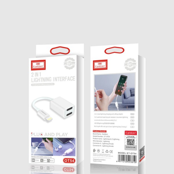 Переходник Earldom ET-0T54 для iPhone 2 в 1 (зарядка и разьем Lightning для наушника ) белый