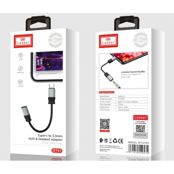 Переходник на AUX для Type C Earldom ET-OT51, белый