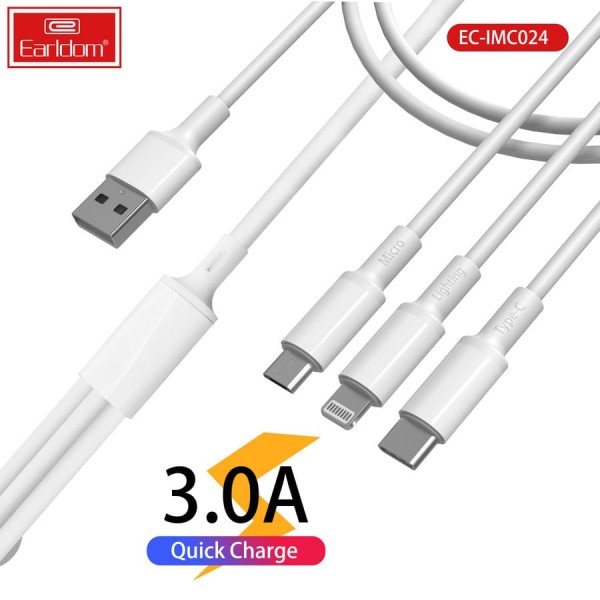 Купить USB кабель Earldom EC-IMC024 3 в 1 для micro/iphone/Type C, (1,2м), белый - 00-00045354 оптом